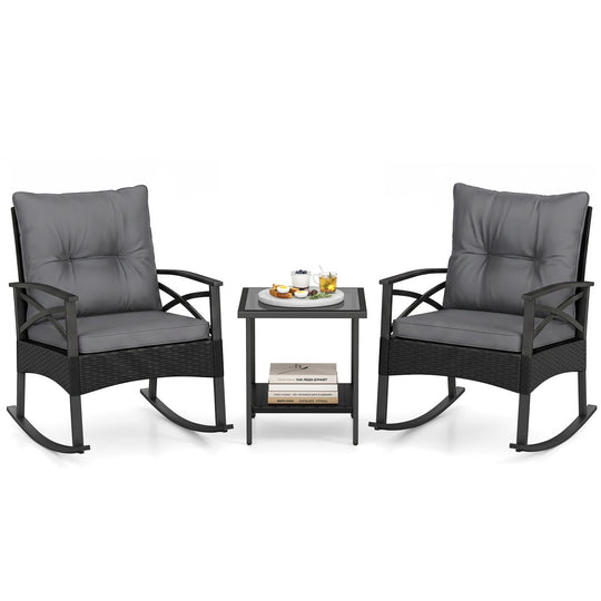 Outdoor Rattan Rocking Chair Set with Side Table - 3 Pieces