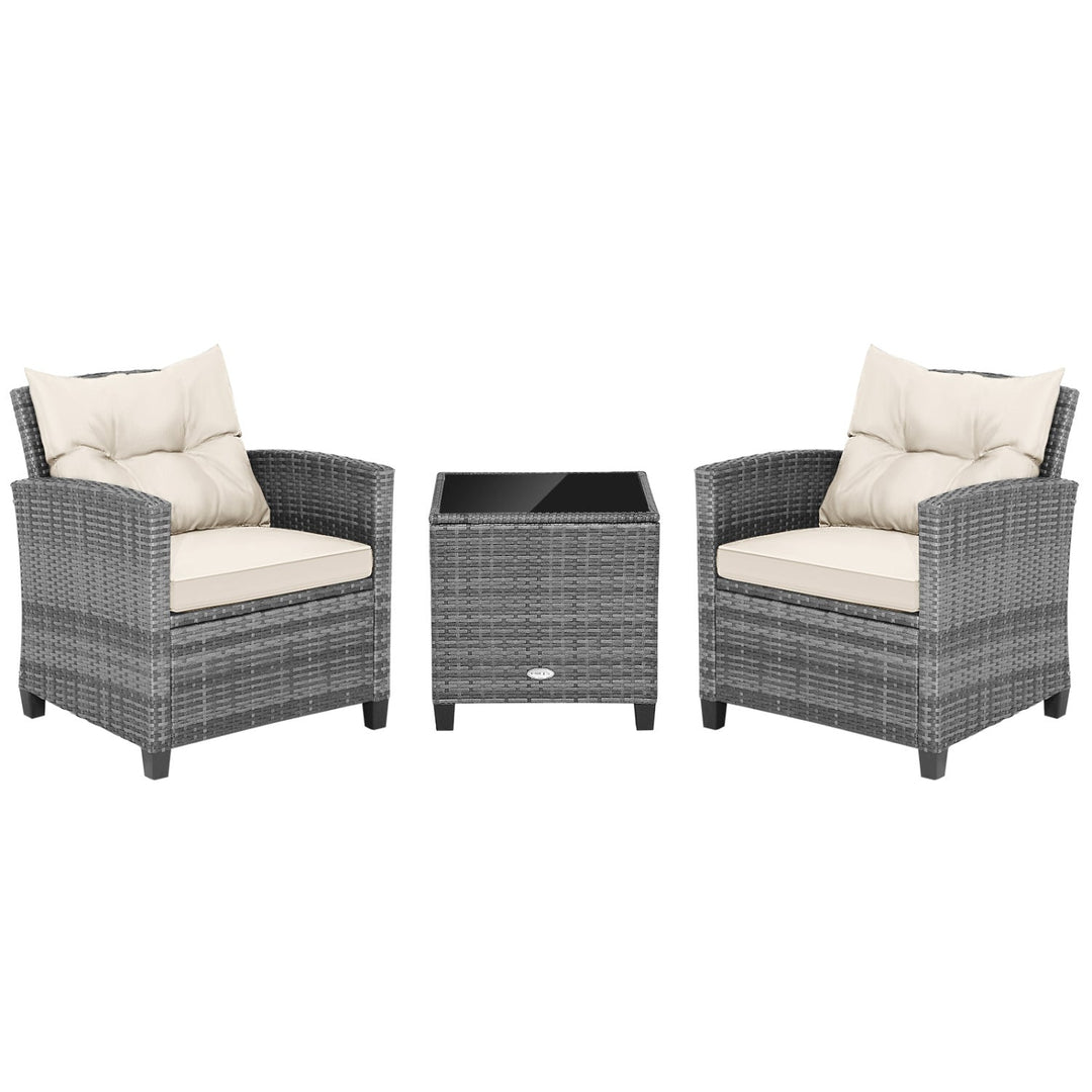 3 Pieces Outdoor Wicker Conversation Set with Tempered Glass Tabletop
