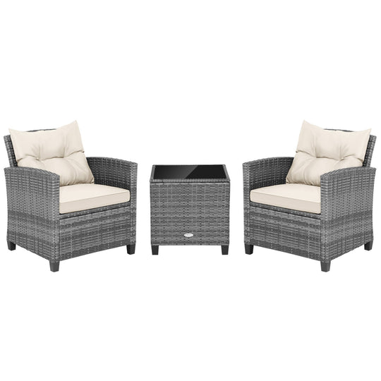 3 Pieces Outdoor Wicker Conversation Set with Tempered Glass Tabletop