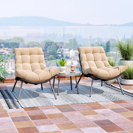 3 Pieces PE Rattan Conversation Set with Cushioned Papasan Chairs-Beige