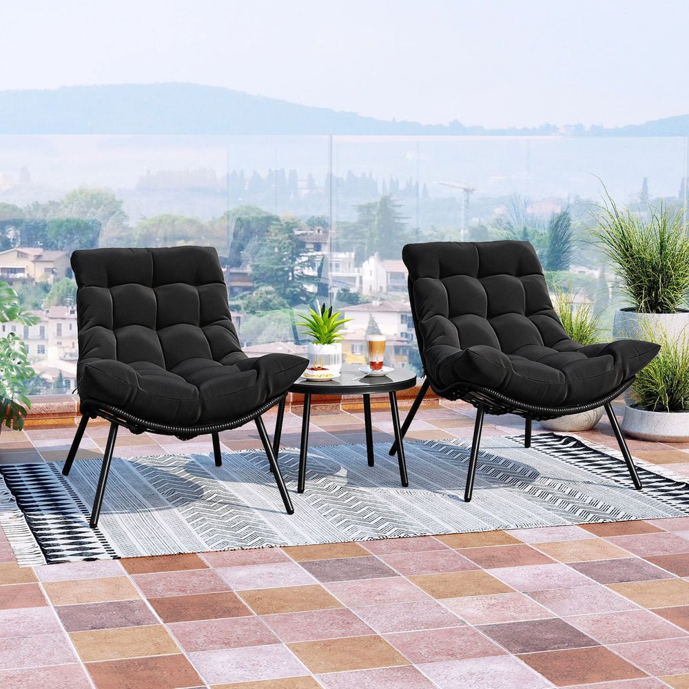 3 Pieces PE Rattan Conversation Set with Cushioned Papasan Chairs-Black