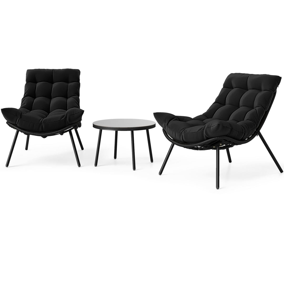 3 Pieces PE Rattan Conversation Set with Cushioned Papasan Chairs-Black