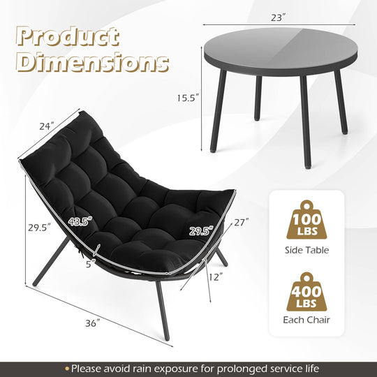 3 Pieces PE Rattan Conversation Set with Cushioned Papasan Chairs-Black