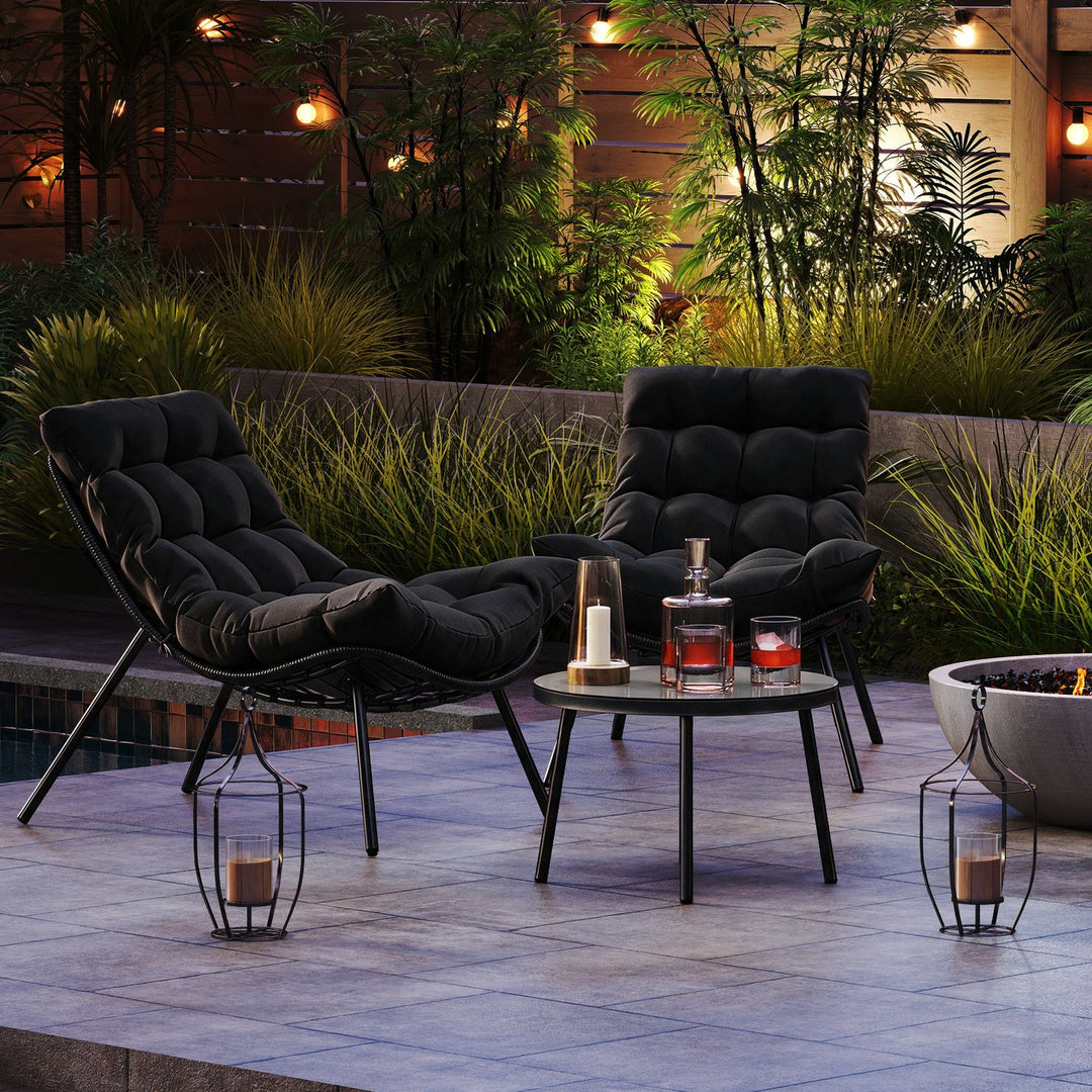 3 Pieces PE Rattan Conversation Set with Cushioned Papasan Chairs-Black