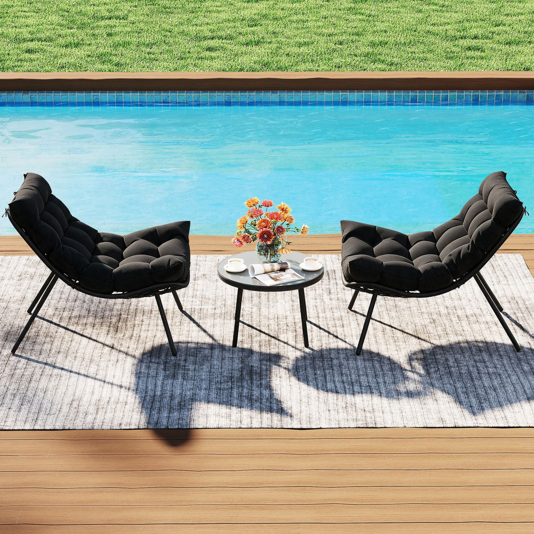 3 Pieces PE Rattan Conversation Set with Cushioned Papasan Chairs-Black