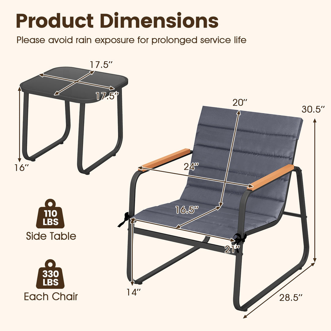 3 Pieces Patio Bistro Set Outdoor Fabric Conversation Set-Gray