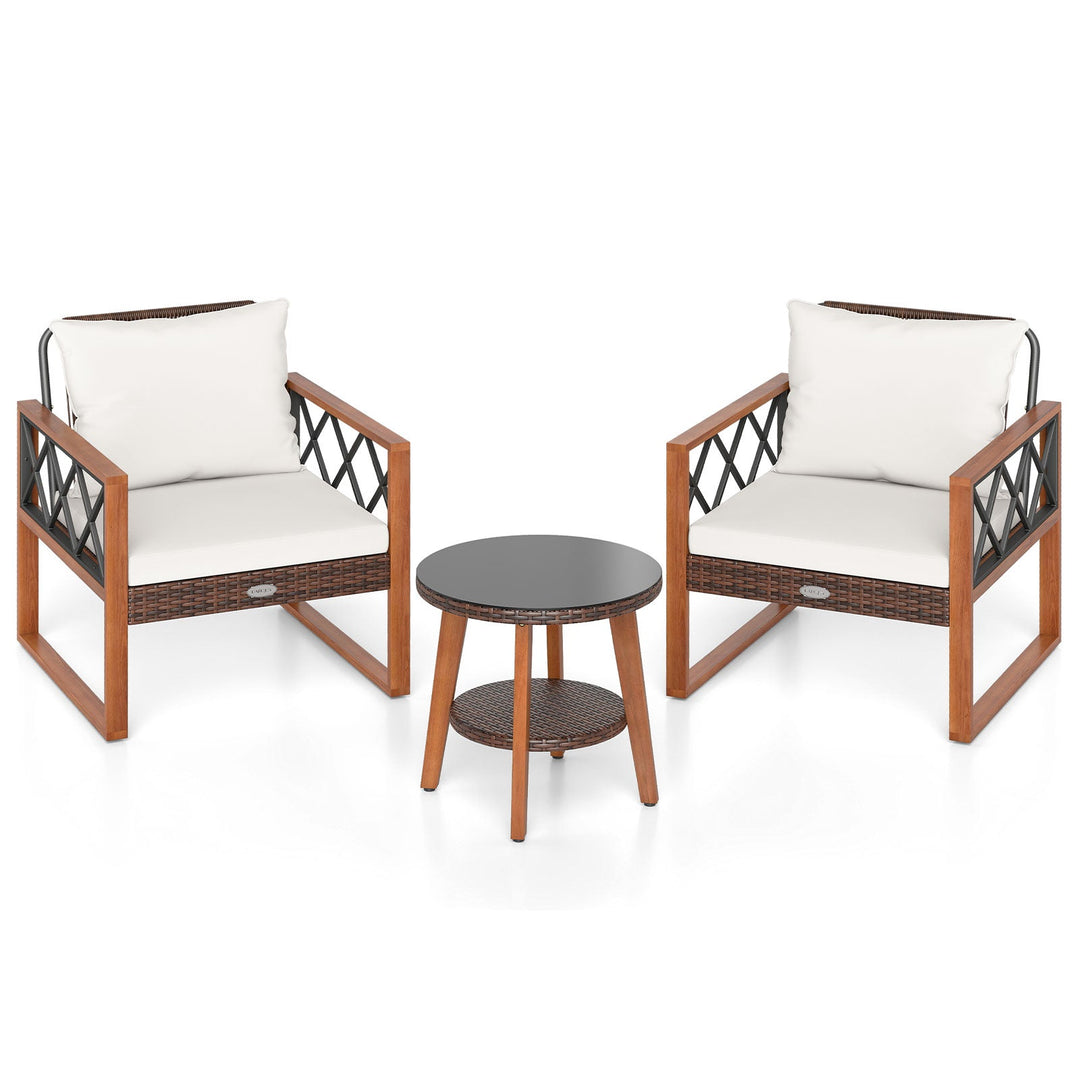 3 Pieces Patio Furniture Set with Tempered Glass Top Table and Soft Cushions-Off White