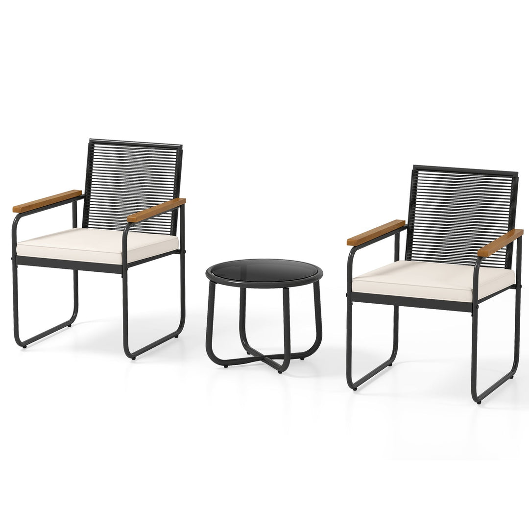 3 Pieces Patio Furniture Set PE Rattan Porch Chairs with Round Tempered Glass Top Table-White