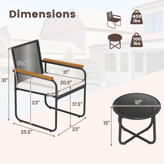 3 Pieces Patio Furniture Set PE Rattan Porch Chairs with Round Tempered Glass Top Table-White