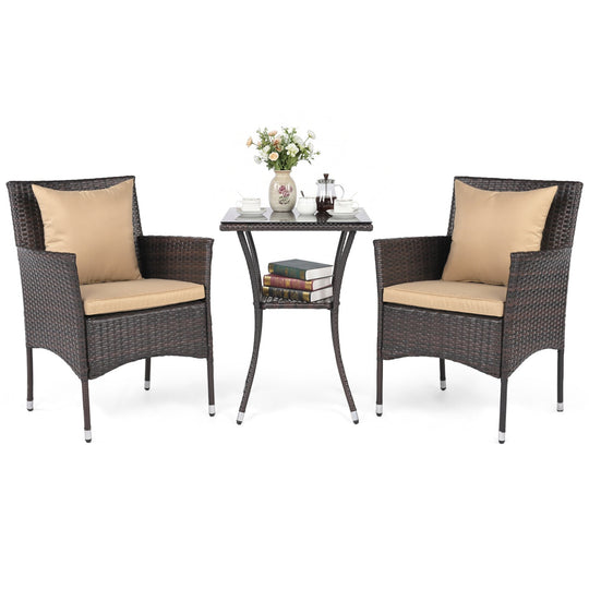 3 Pieces Patio Furniture Set with Cushioned Patio Chairs and Tempered Glass Coffee Table-Brown