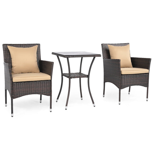 3 Pieces Patio Furniture Set with Cushioned Patio Chairs and Tempered Glass Coffee Table-Brown