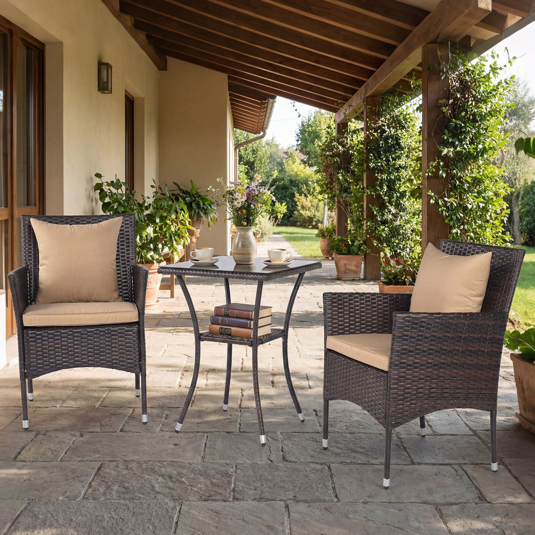 3 Pieces Patio Furniture Set with Cushioned Patio Chairs and Tempered Glass Coffee Table-Brown
