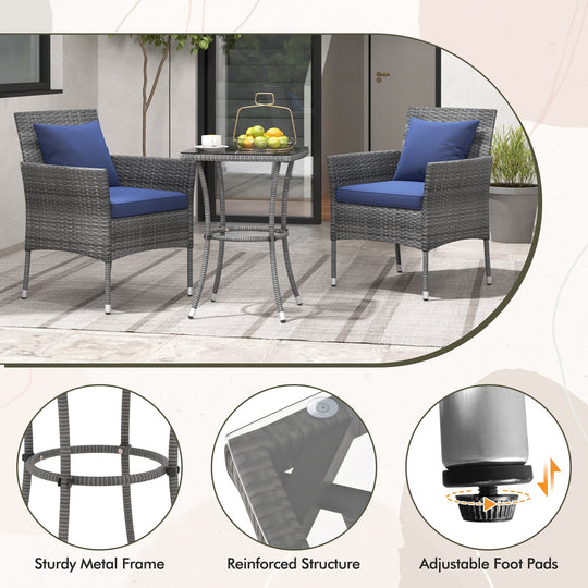 3 Pieces Patio Furniture Set with Cushioned Patio Chairs and Tempered Glass Coffee Table