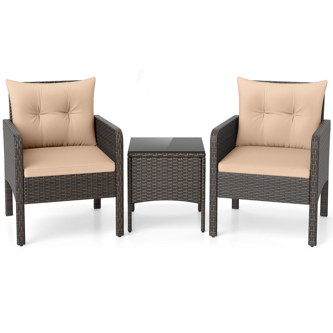 3 Pieces Patio PE Wicker Furniture Set with Cushions for Porch and Balcony