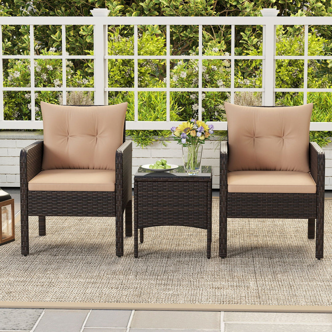 3 Pieces Patio PE Wicker Furniture Set with Cushions for Porch and Balcony