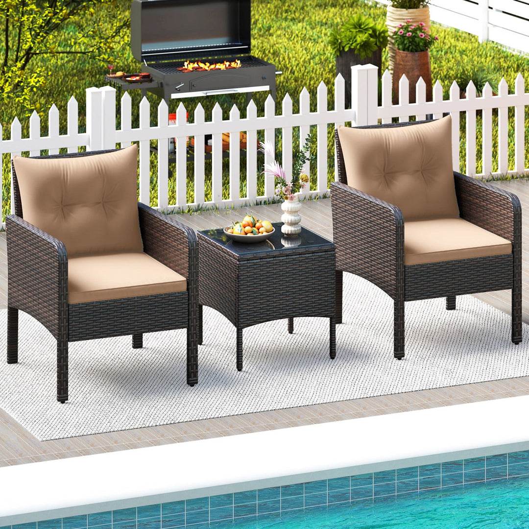 3 Pieces Patio PE Wicker Furniture Set with Cushions for Porch and Balcony