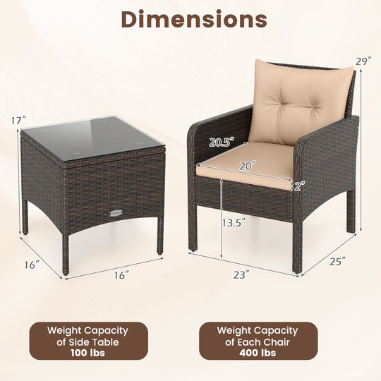 3 Pieces Patio PE Wicker Furniture Set with Cushions for Porch and Balcony