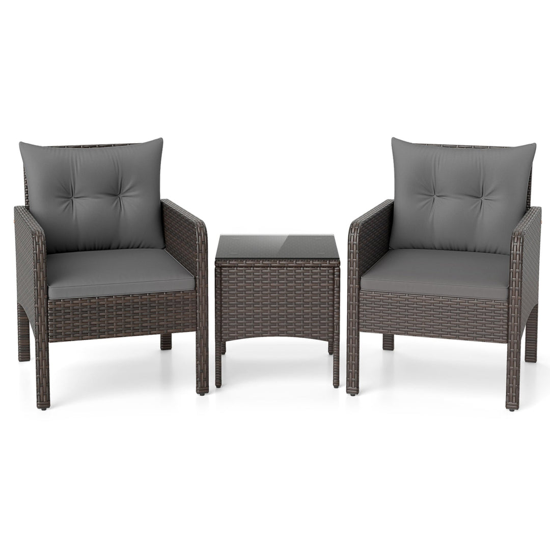 3 Pieces Patio PE Wicker Furniture Set with Cushions for Porch and Balcony