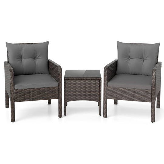 3 Pieces Patio PE Wicker Furniture Set with Cushions for Porch and Balcony