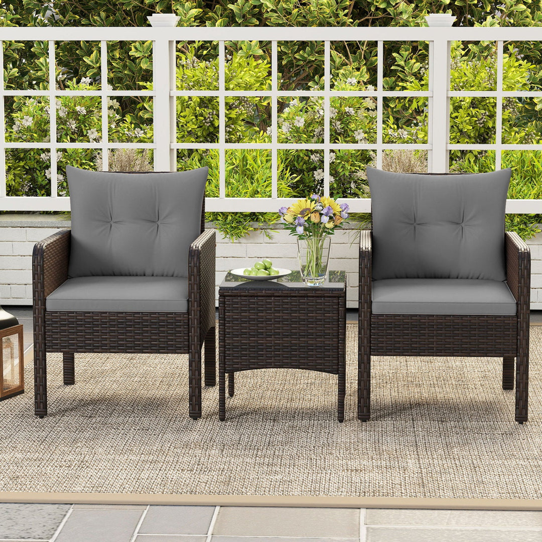 3 Pieces Patio PE Wicker Furniture Set with Cushions for Porch and Balcony