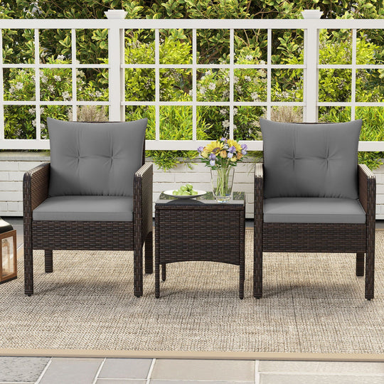 3 Pieces Patio PE Wicker Furniture Set with Cushions for Porch and Balcony