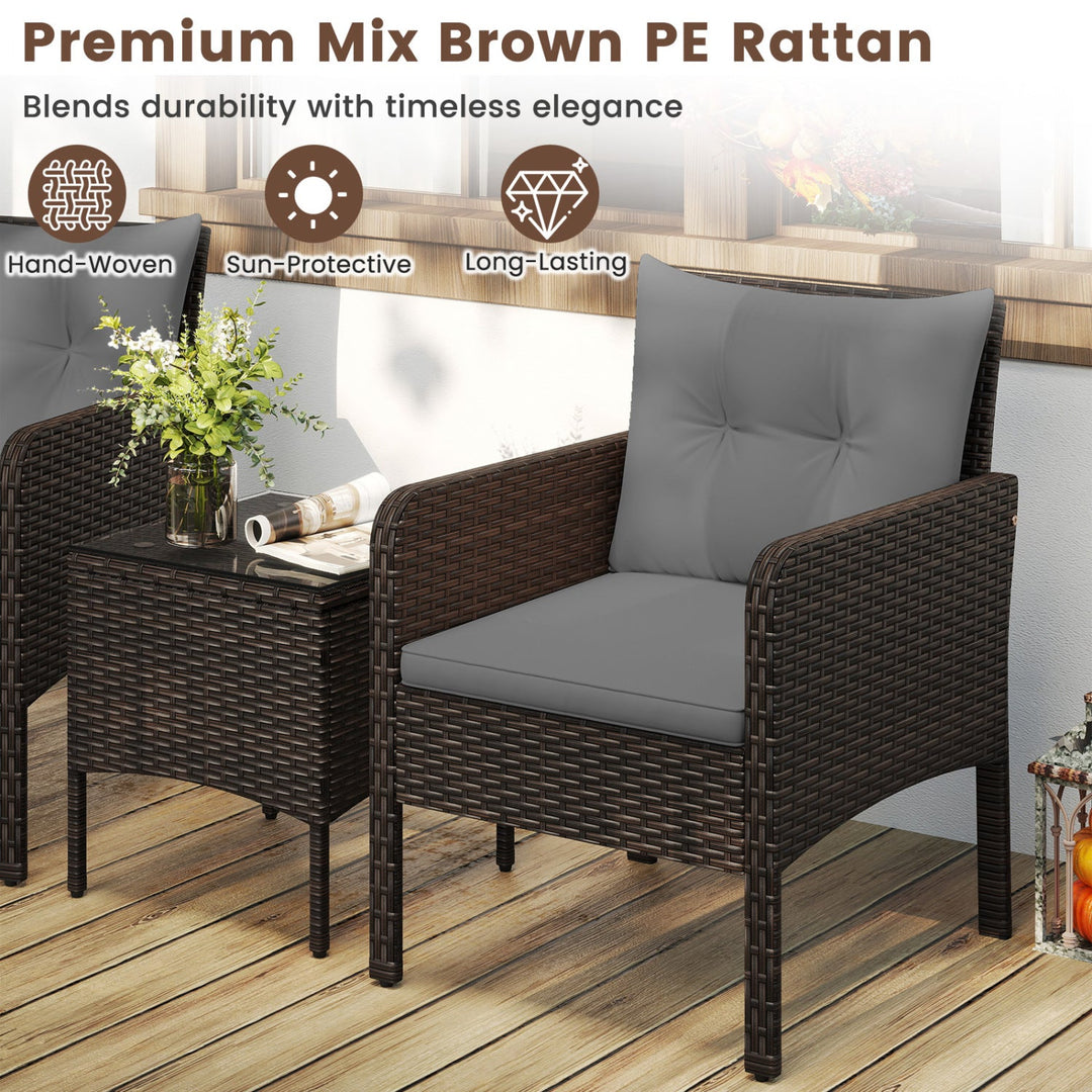 3 Pieces Patio PE Wicker Furniture Set with Cushions for Porch and Balcony