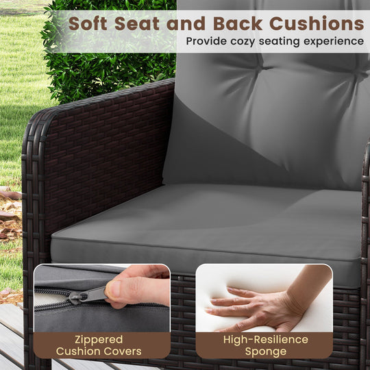 3 Pieces Patio PE Wicker Furniture Set with Cushions for Porch and Balcony