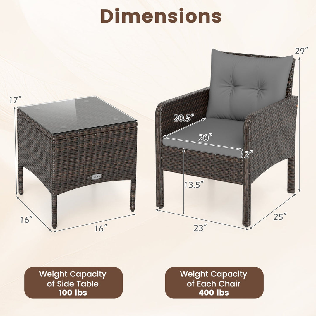3 Pieces Patio PE Wicker Furniture Set with Cushions for Porch and Balcony
