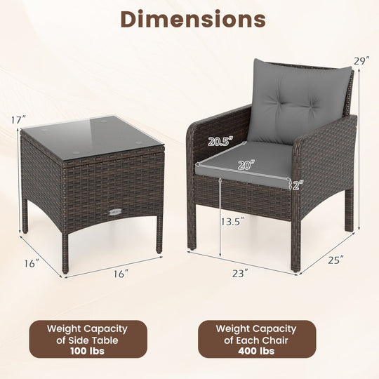 3 Pieces Patio PE Wicker Furniture Set with Cushions for Porch and Balcony