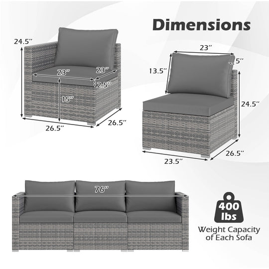 3 Pieces Patio Sectional Sofa Set PE Rattan Modular Couch Furniture Set with Soft Cushions