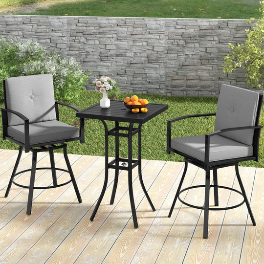3-Piece Patio Swivel Bar Set with Cushions & Umbrella Hole