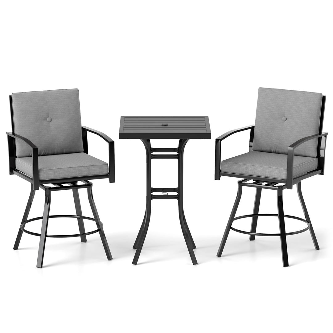 3-Piece Patio Swivel Bar Set with Cushions & Umbrella Hole