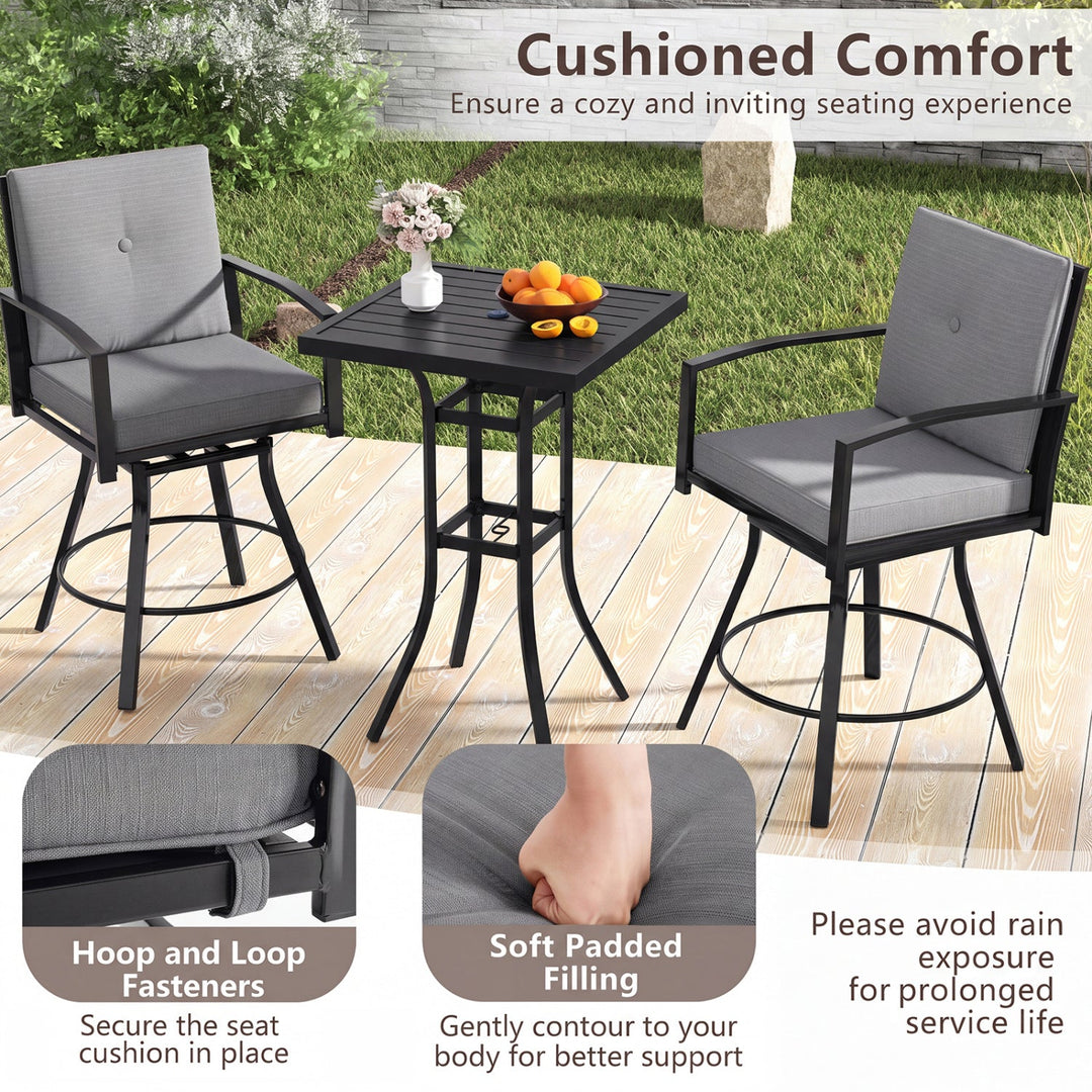 3-Piece Patio Swivel Bar Set with Cushions & Umbrella Hole