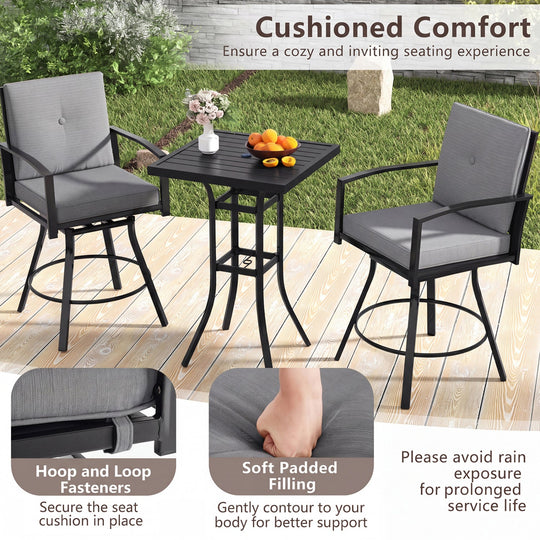 3-Piece Patio Swivel Bar Set with Cushions & Umbrella Hole