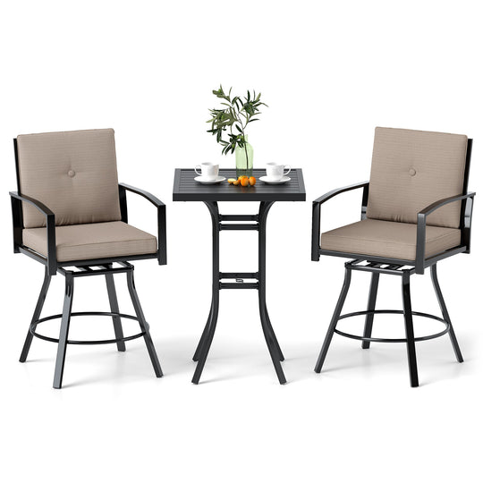 3 Pieces Patio Swivel Bar Set with Soft Cushions and Umbrella Hole-Brown
