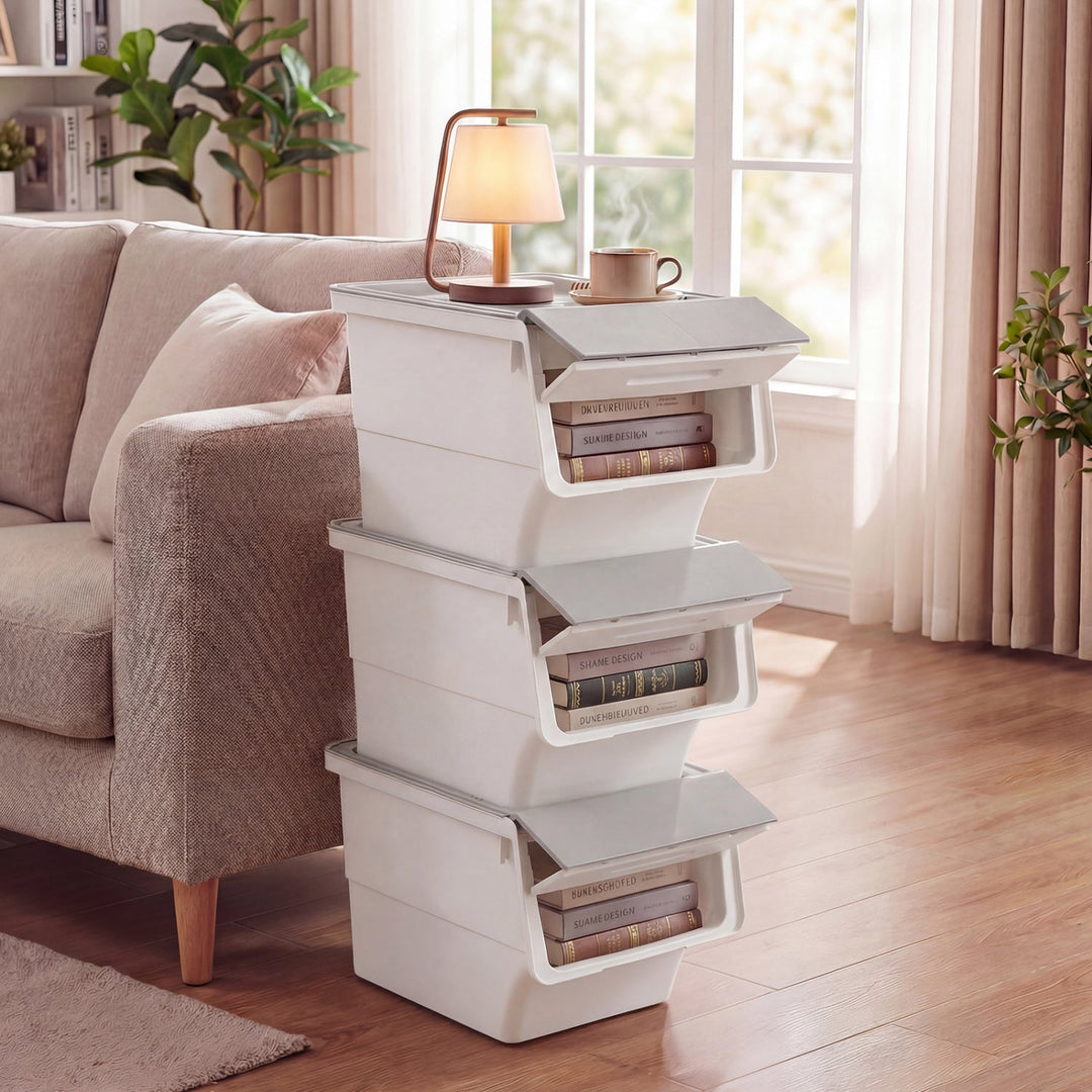 3 Pieces Storage Bins on Wheels Stackable Plastic Boxes with Stay-Open Lid (M)