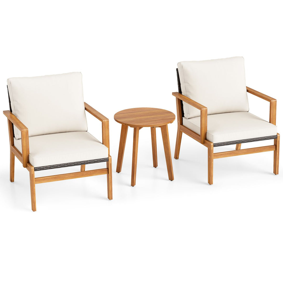 3 Pieces Wicker Sofa and Acacia Wood Table Set with Seat and Back Cushion-Offwhite