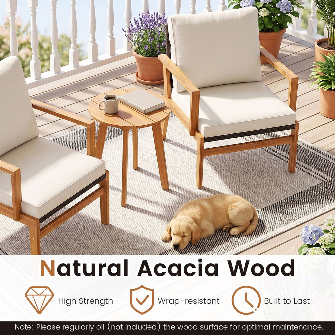 3 Pieces Wicker Sofa and Acacia Wood Table Set with Seat and Back Cushion-Offwhite