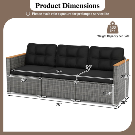 3-Seat Patio Couch Sofa PE Rattan Loveseat Furniture Set with Deep Seating and Cushion-Mix Grey