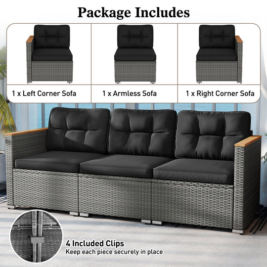 3-Seat Patio Couch Sofa PE Rattan Loveseat Furniture Set with Deep Seating and Cushion-Mix Grey