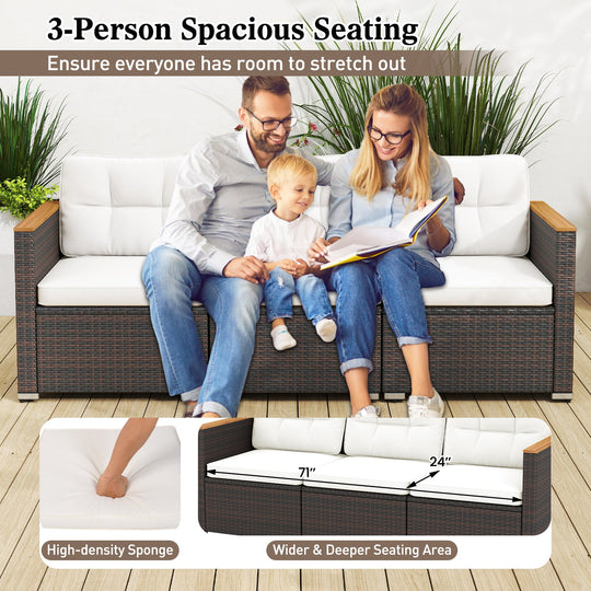 3-Seat Patio Couch Sofa with Deep Seating and Cushion-White