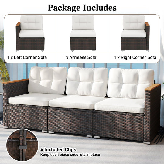 3-Seat Patio Couch Sofa with Deep Seating and Cushion-White