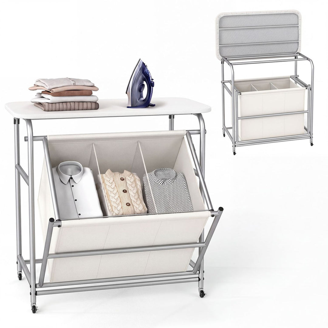 3-Section Laundry Sorter with Foldable Ironing Board and Lockable Wheels-Beige