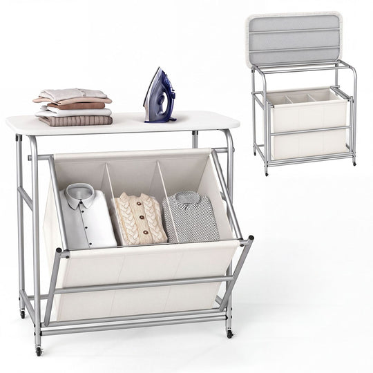 3-Section Laundry Sorter with Foldable Ironing Board and Lockable Wheels-Beige