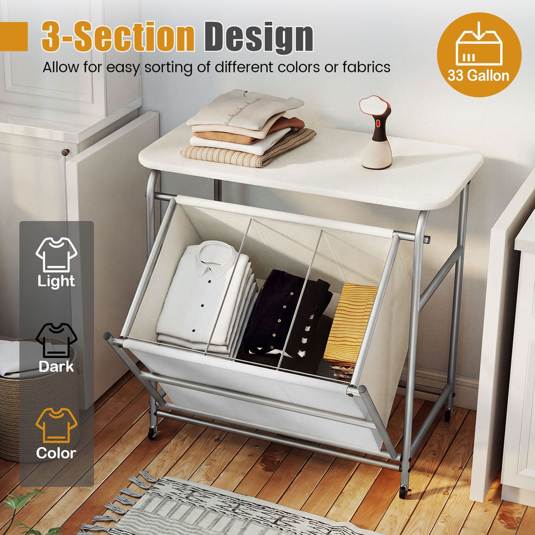 3-Section Laundry Sorter with Foldable Ironing Board and Lockable Wheels-Beige