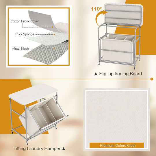 3-Section Laundry Sorter with Foldable Ironing Board and Lockable Wheels-Beige