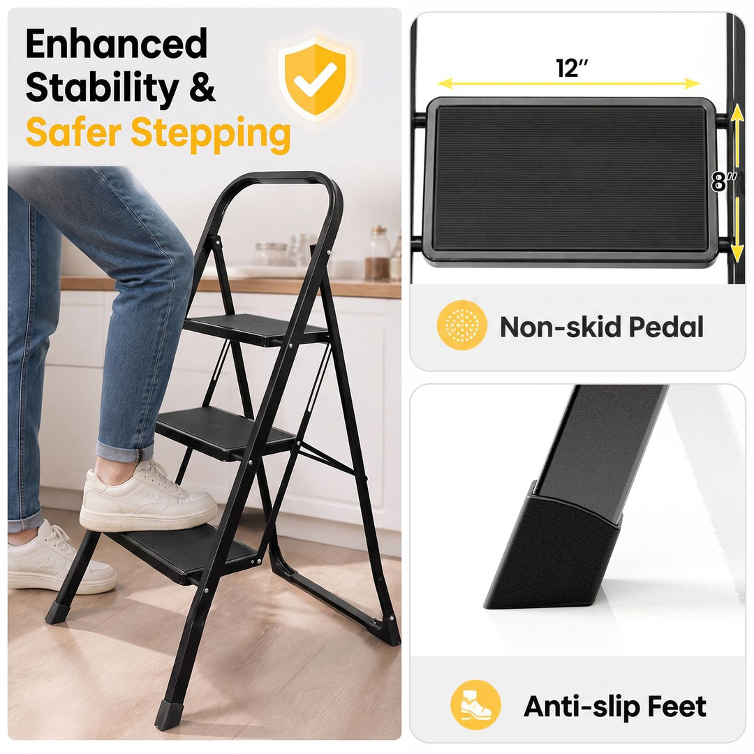 3 Step Ladder Folding Step Stool with Handrail and Wide Anti-Slip Pedals