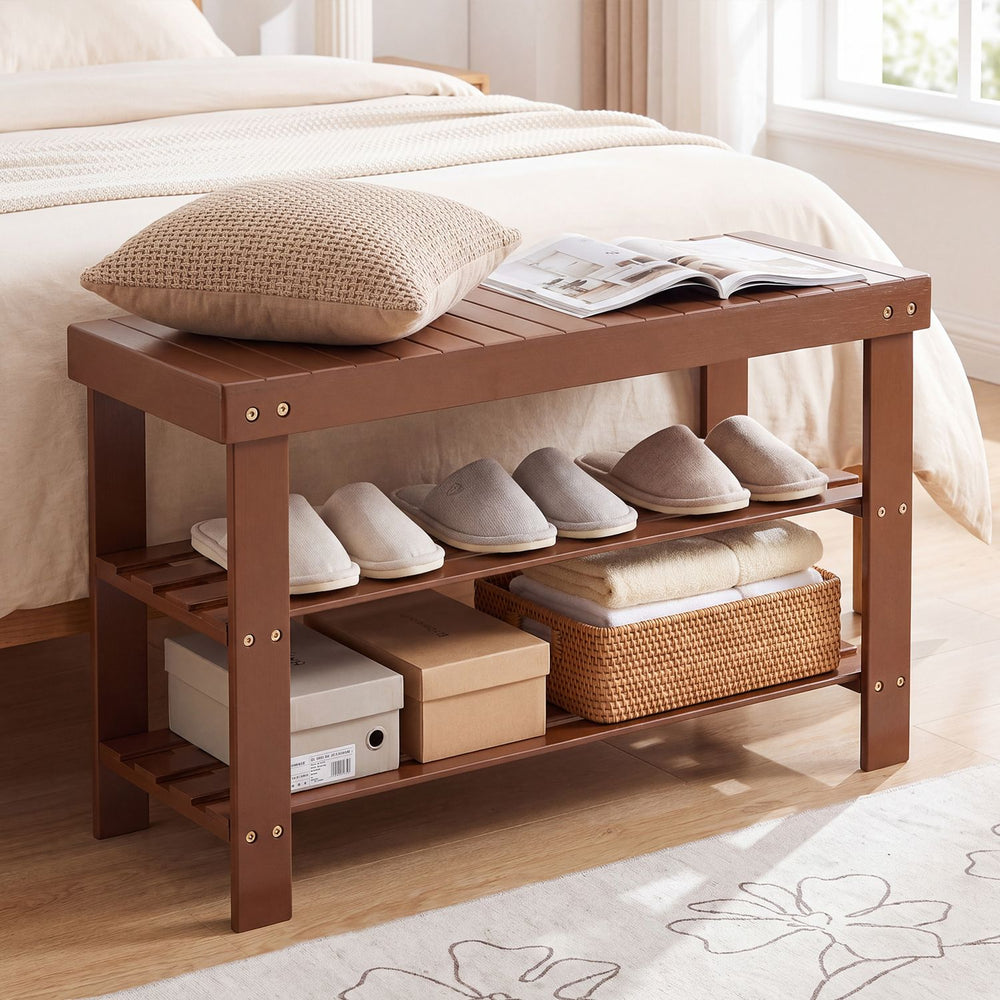3-Tier Bamboo Shoe Rack Bench for Entryway-Brown