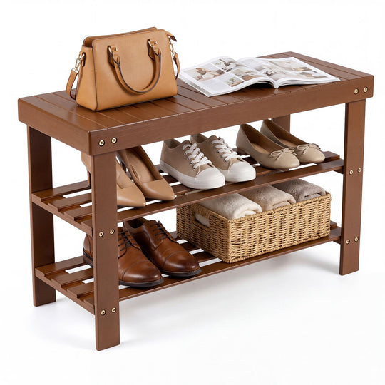 3-Tier Bamboo Shoe Rack Bench for Entryway-Brown
