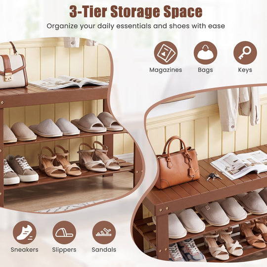 3-Tier Bamboo Shoe Rack Bench for Entryway-Brown